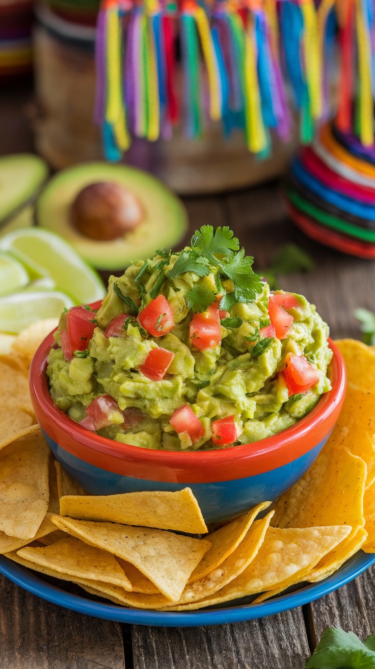 A colorful bowl of chunky guacamole with tortilla chips on a wooden table, decorated with fresh ingredients.